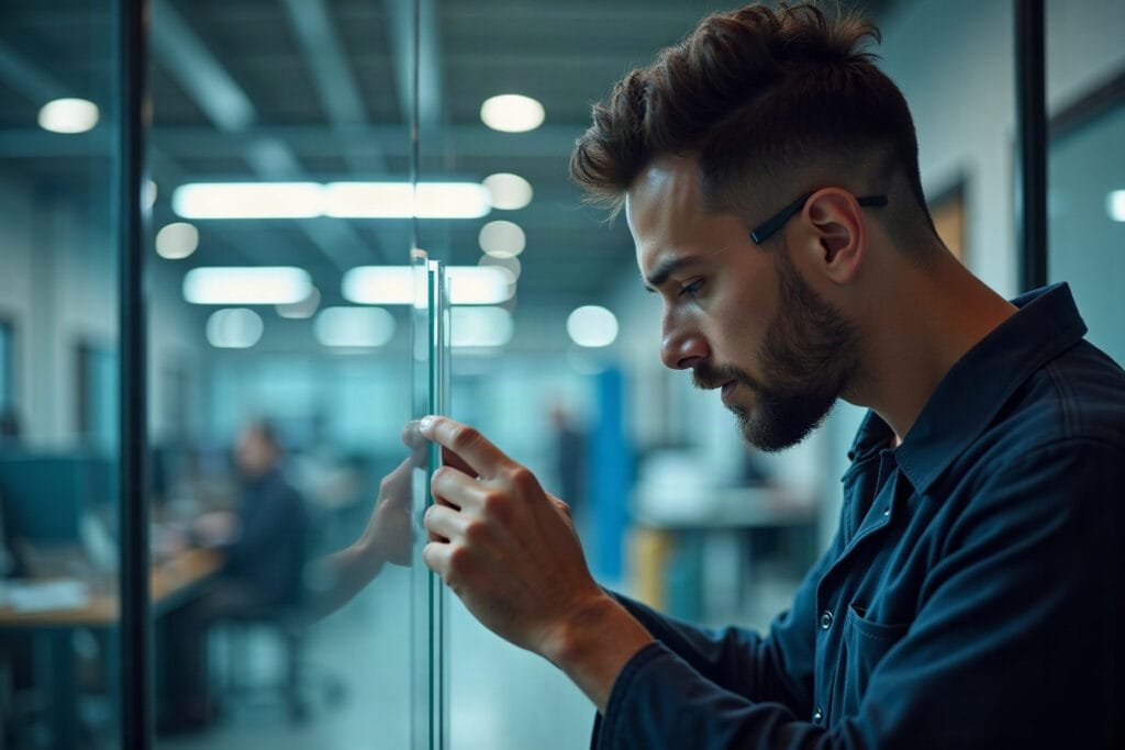 Técnico inspecionando vidro blindado em oficina especializada em blindagem automotiva com luz natural